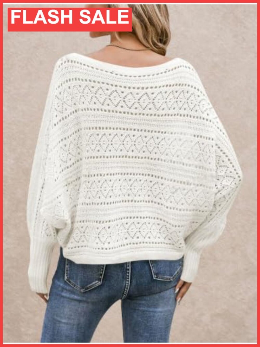 Womens Off Shoulder Oversized Crochet Knit Pullover Sweater Batwing Sleeve - Picture 4 of 6